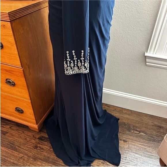 Mac Duggal Ruched Jersey Drop Shoulder Foldover Gown - Picture 7 of 8